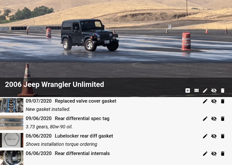 Large category header image of a Jeep,
                    detailed journal entries with photo, date, and
                    notes