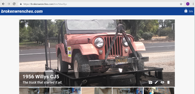 Web browser window with image of Jeep, address bar
                    shows brokenwrenches URL made from username and category
                    name